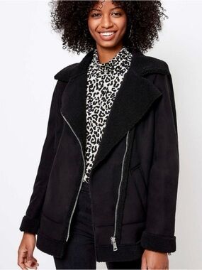 LOFT Faux Suede Black Teddy Sherpa Moto Jacket